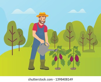 Farmer caring for land and plants vector, plantation of aubergines eggplants. Forest and nature, trees and green hills, farming season, agriculture