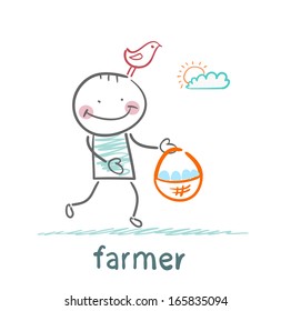 farmer carries a basket of eggs