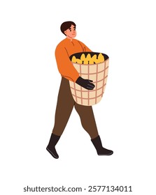 Farmer carries basket full of gathered garden crop. Agriculture worker with ripe plantation harvest, fresh fruit. Man farming, works on farm. Flat isolated vector illustration on white background