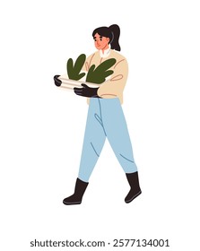 Farmer carries little green sprouts in pot for planting. Woman holds seedlings for garden. Agriculture worker cares about farm, works, does cultivation. Flat isolated vector illustration on white