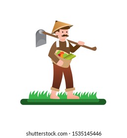 farmer carries wooden hoe in shoulder with basket of vegetables, harvest, flat vector character