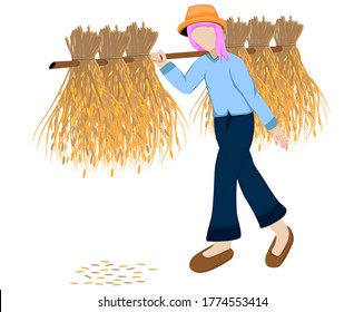 farmer carry bundle of rice on one's shoulder vector design