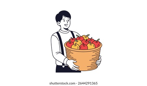 A Farmer Carrying Basket Full of Freshly Picked Apples From the Orchard