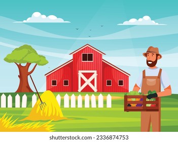 farmer carrying a box of vegetables in front of the barn