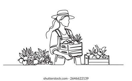 A farmer carrying a bucket of food for the animals, only outline for coloring, drawn as an outline sketch, only black lines, no colors, simple and clean for a children's coloring book.