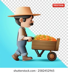 Farmer carrying carrots with cart, 3d vector. Suitable for plantations, livestock and agriculture