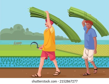 Farmer carrying crop on head landscape
