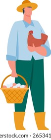 Agricultor carregando uma galinha enquanto mantém um cesto de vime repleto de ovos frescos, ilustrando a essência da agricultura local, práticas de aves e a importância de produtos frescos