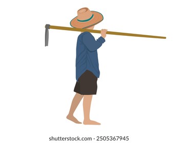 A farmer is carrying a hoe.
