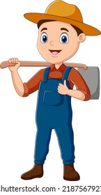 Farmer carrying a hoe to work in the farmland