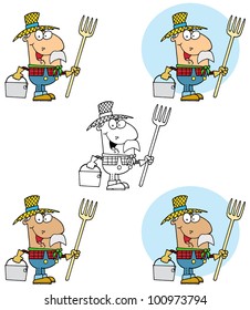 Farmer Carrying A Rake And Pail. Vector Collection