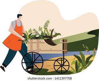 Farmer with cart full of plant and flower