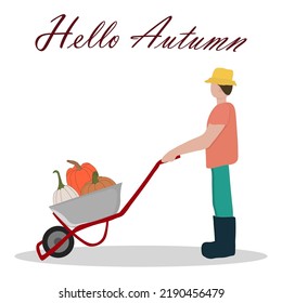 farmer with cart full of pumpkins. Thanksgiving and Halloween vector illustrations.