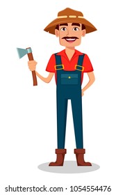 Farmer cartoon character. Cheerful gardener holds axe. Vector illustration isolated on white background