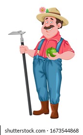 Farmer cartoon character. Cheerful farmer with hoe and apple. Stock vector isolated on white