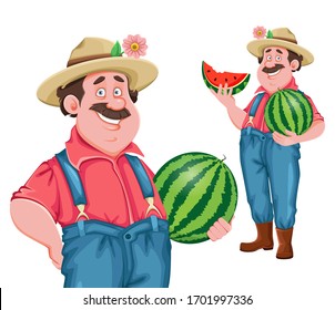 Farmer cartoon character. Cheerful farmer holding big watermelon, set of two poses. Stock vector