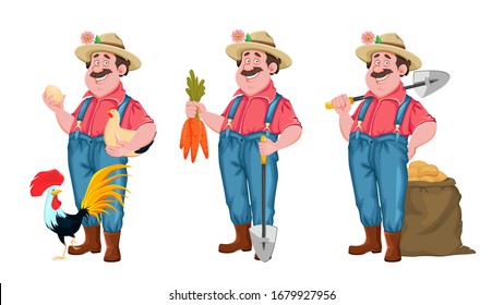 Farmer cartoon character. Cheerful farmer, set of three poses. Stock vector isolated on white