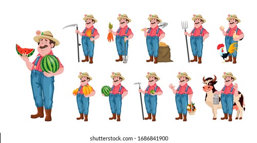 Farmer cartoon character. Cheerful farmer, set of eleven poses. Stock vector isolated on white