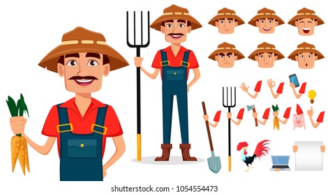 Farmer cartoon character creation set. Cheerful gardener, pack of body parts and emotions. Build your personal design. Stock vector illustration