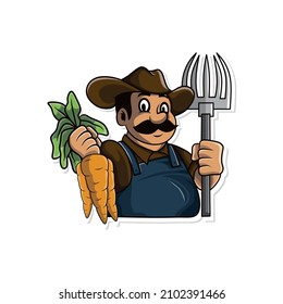 Farmer cartoon character design. The farmer had a carrot and a pitchfork in his hand. Vector illustration.