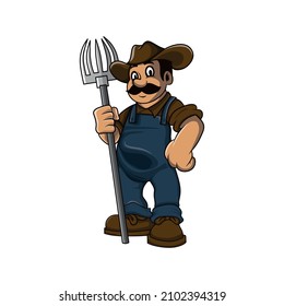 Farmer cartoon character design. The farmer held a pitchfork in his hand. Vector illustration.