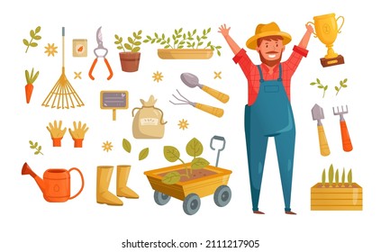 Personaje de dibujos animados de granjeros con ilustraciones vectoriales de equipos. Feliz jardinero sosteniendo la taza de oro o el trofeo con el primer lugar, herramientas de granja aisladas en fondo blanco. Jardinería, concepto de agricultura