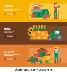 Farmer cartoon character fieldwork harvesting and farmland products ingathering flat horizontal banners set abstract isolated vector illustration