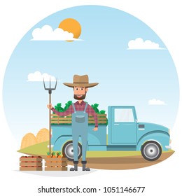 farmer cartoon character with milk cow in organic rural farm. vector illustration