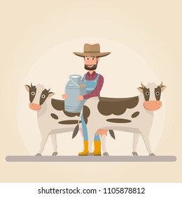 farmer cartoon character with milk cow in organic rural farm. vector illustration