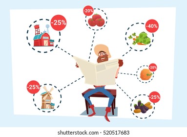 Farmer Cartoon Character Senior Cowboy Read Newspaper Farm Seasonal Sale Flat Vector Illustration