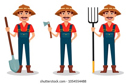 Farmer cartoon character set. Cheerful gardener holds shovel, holds axe and holds pitchfork. Vector illustration isolated on white background