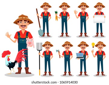 Farmer cartoon character, set. Handsome gardener or rancher. Vector illustration on white background
