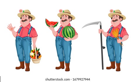 Farmer cartoon character, set of three poses. Cheerful farmer with vegetables, with watermelon and with scythe. Stock vector isolated on white