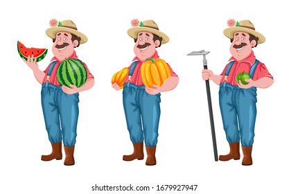 Farmer cartoon character, set of three poses. Cheerful farmer with watermelon, with pumpkin and with hoe. Stock vector isolated on white