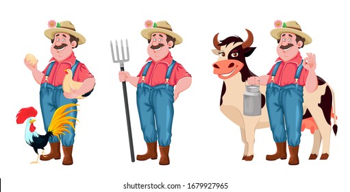 Farmer cartoon character, set of three poses. Cheerful farmer with chicken, with pitchfork and with cow. Stock vector isolated on white