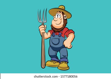 Farmer cartoon character smile, holding hoe with hat, vector illustration