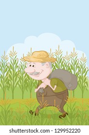 Farmer cartoon man carries a sack in the corn field. Vector
