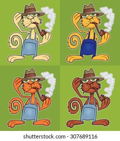 farmer cat wearing hat smoking pipe cartoon vector illustration