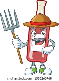 Farmer champagne red bottle cartoon character with hat and tools