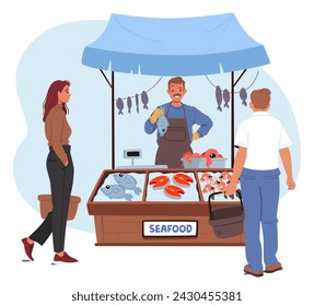 Farmer Character, Beaming With Pride, Stands At Seafood Stall, Clutching Freshly Caught Fish In His Gloved Hand, Showcasing Bountiful, Glistening Catch To Customers. Cartoon People Vector Illustration