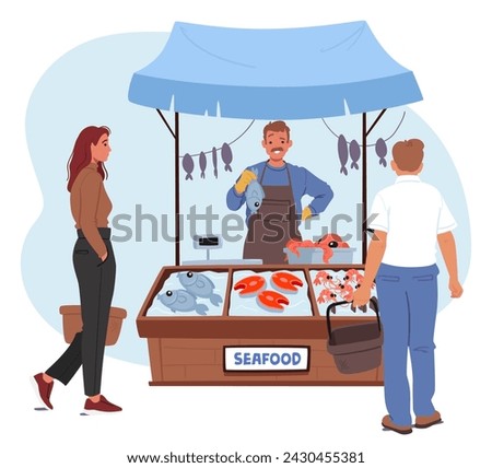 Farmer Character, Beaming With Pride, Stands At Seafood Stall, Clutching Freshly Caught Fish In His Gloved Hand, Showcasing Bountiful, Glistening Catch To Customers. Cartoon People Vector Illustration
