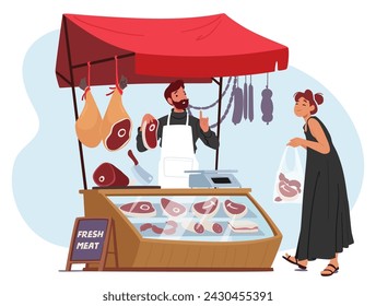 El Carácter Granjero En El Puesto De Carnicería, Sostiene Con Orgullo Un Pedazo De Carne Fresca Y Suculenta, Su Rico Color Testimonio De La Calidad Y La Frescura, Un Símbolo De La Pureza De La Granja A La Mesa. Ilustración vectorial