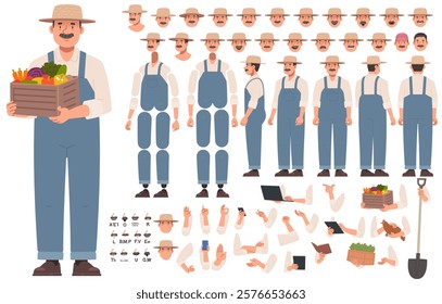 Farmer character constructor. Gardener or villager. Set of arms legs head and body positions for creating animation and your own illustrations. DIY kit. Vector illustration in flat style