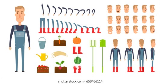 Farmer character creation set. Icons with different types of faces, emotions, clothes. Front, side, back view male person. Moving arms, legs. Chair. Board. Flat and cartoon style. Vector illustration.