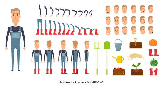 Farmer character creation set. Icons with different types of faces, emotions, clothes. Front, side, back view male person. Moving arms, legs. Chair. Board. Flat and cartoon style. Vector illustration.
