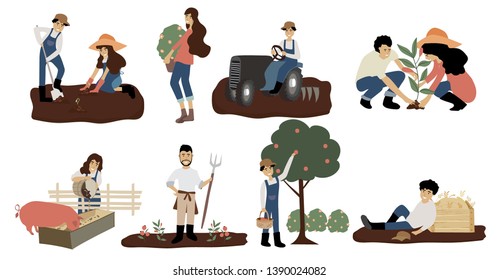 Farmer character design with worker on tractor,feeding pig,carrying fruits,people,woman,man,tree,carrying fruits and hay