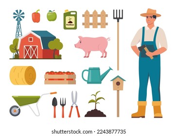 Farmer character and different farm elements. Man farmer, barn, pig, fertilizer, haystack, cart, crop, pitchfork, watering can, plant. Set of elements on farm theme Vector illustration