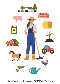 Farmer character and different farm elements. Woman farmer, barn, horse, fertilizer, haystack, cart, crop, pitchfork, watering can, plant. Set of elements on farm theme Vector illustration