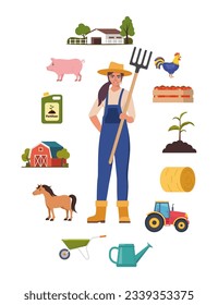 Farmer character and different farm elements. Woman farmer, barn, horse, fertilizer, haystack, cart, crop, pitchfork, watering can, plant. Set of elements on farm theme Vector illustration