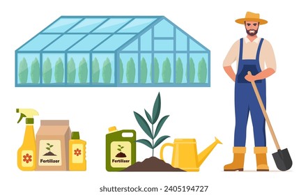 Farmer character and different farm elements. Greenhouse, fertilizers, watering can. Set of elements on farm theme. Vector illustration